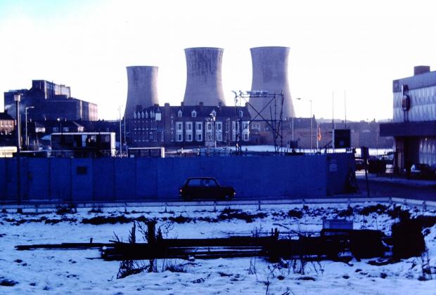 The Northern Echo: The three cooling towers of Darlington on January 28, 1979. John Hill took the picture by standing where the Wilko's multi-storey car park is now with the Magnet bowl on the right